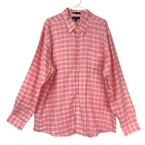 Grant Thomas Pink White Check Linen Button Up Shirt XXL Collared Long Sleeve